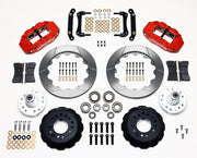 Wilwood front Superlite 6R kit for later GM disc spindle, 0.17-inch wheel shift: red calipers and 12.88-inch slotted rotor pieces laid out
