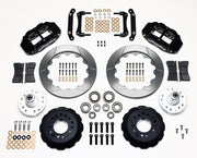 Wilwood front Superlite 6R kit for later GM disc spindle, 0.17-inch wheel shift: black calipers and 12.88-inch slotted rotor pieces laid out