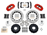 Wilwood front Superlite 6R kit for later GM large-rotor hub arrangement: red calipers and 14.00-inch drilled/slotted rotor pieces laid out
