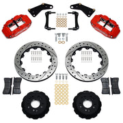 Wilwood front Superlite 6R kit for Corvette C2/C3 front hub setup: red calipers and 13.06-inch drilled/slotted rotor pieces laid out