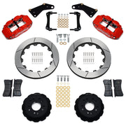 Wilwood front Superlite 6R kit for Corvette C2/C3 front hub setup: red calipers and 13.06-inch slotted rotor pieces laid out