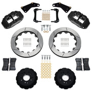 Wilwood front Superlite 6R kit for Corvette C2/C3 front hub setup: black calipers and 13.06-inch slotted rotor pieces laid out