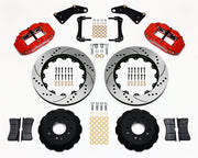 Wilwood front Superlite 6R kit for Corvette C2/C3 front big-brake layout: red calipers and 14.00-inch drilled/slotted rotor pieces laid out