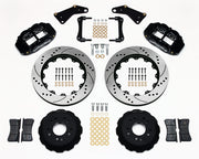 Wilwood front Superlite 6R kit for Corvette C2/C3 front big-brake layout: black calipers and 14.00-inch drilled/slotted rotor pieces laid out
