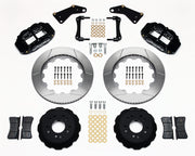 Wilwood front Superlite 6R kit for Corvette C2/C3 front big-brake layout: black calipers and 14.00-inch slotted rotor pieces laid out