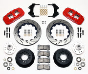 Wilwood front AERO6 kit for ProSpindle AERO6 mounting: red calipers and 14.00-inch drilled/slotted rotor pieces laid out