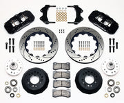 Wilwood front AERO6 kit for ProSpindle AERO6 mounting: black calipers and 14.00-inch drilled/slotted rotor pieces laid out