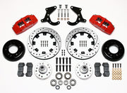 Wilwood front Dynapro 6 kit for Tri-Five Chevrolet drum spindle: red calipers and 12.19-inch drilled/slotted rotor pieces laid out