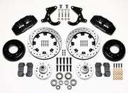 Wilwood front Dynapro 6 kit for Tri-Five Chevrolet drum spindle: black calipers and 12.19-inch drilled/slotted rotor pieces laid out