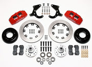 Wilwood front Dynapro 6 kit for Tri-Five Chevrolet drum spindle: red calipers and 12.19-inch plain-face rotor pieces laid out