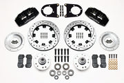 Wilwood front Dynapro 6 kit for early Ford drum spindle: black calipers and 12.19-inch drilled/slotted rotor pieces laid out