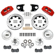 Wilwood front Dynapro 6 kit for Mopar B/E-body drum spindle: red calipers and 12.19-inch drilled/slotted rotor pieces laid out