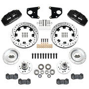 Wilwood front Dynapro 6 kit for Mopar B/E-body drum spindle: black calipers and 12.19-inch drilled/slotted rotor pieces laid out