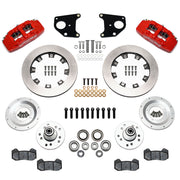 Wilwood front Dynapro 6 kit for Mopar B/E-body drum spindle: red calipers and 12.19-inch plain-face rotor pieces laid out