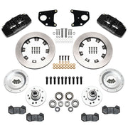 Wilwood front Dynapro 6 kit for Mopar B/E-body drum spindle: black calipers and 12.19-inch plain-face rotor pieces laid out
