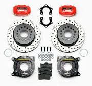 Wilwood rear Dynalite kit for Mopar/Dana snap-ring-bearing end: red calipers and 12.19-inch drilled/slotted rotor pieces laid out