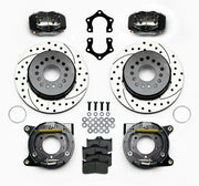 Wilwood rear Dynalite kit for Mopar/Dana snap-ring-bearing end: black calipers and 12.19-inch drilled/slotted rotor pieces laid out