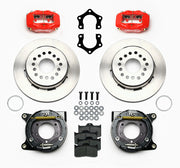 Wilwood rear Dynalite kit for Mopar/Dana snap-ring-bearing end: red calipers and 12.19-inch plain-face rotor pieces laid out