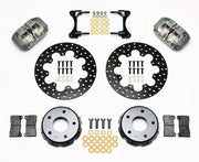 Wilwood front Narrow Dynapro kit for late F-body thin-rotor drag arrangement: gray calipers and 11.75-inch drilled rotor pieces laid out