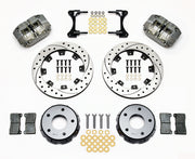 Wilwood front Narrow Dynapro kit for late F-body vented-rotor arrangement: gray calipers and 11.75-inch drilled/slotted rotor pieces laid out