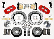 Wilwood GM/Ridetech pin-spindle AERO6 front kit layout with red AERO6 calipers, 15.00-inch drilled-and-slotted rotors, aluminum hats, separate hubs, pads, bearings and mounting hardware