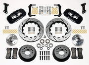Wilwood GM/Ridetech pin-spindle AERO6 front kit layout with black AERO6 calipers, 15.00-inch drilled-and-slotted rotors, aluminum hats, separate hubs, pads, bearings and mounting hardware