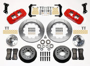 Wilwood GM/Ridetech pin-spindle AERO6 front kit layout with red AERO6 calipers, 15.00-inch GT-slotted rotors, aluminum hats, separate hubs, pads, bearings and mounting hardware