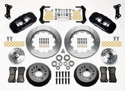 Wilwood GM/Ridetech pin-spindle AERO6 front kit layout with black AERO6 calipers, 15.00-inch GT-slotted rotors, aluminum hats, separate hubs, pads, bearings and mounting hardware