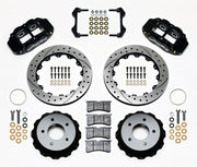 Wilwood C4 Corvette Rear SRP Brakes, Black Four-Piston Calipers, black calipers and drilled/slotted rotor components laid out