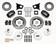 Wilwood Black Dynalite Front Brake Kit, AMC SRP Rotors, black calipers and drilled/slotted rotor components laid out