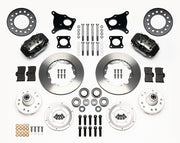 Wilwood AMC Kelsey-Hayes Front Brakes, 11-Inch Plain Rotors, black calipers and plain rotor components laid out