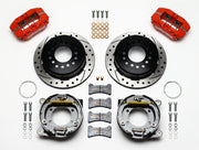 Wilwood Red Rear Brakes for Javelin, 2.60-Inch Axle Offset, red calipers and drilled/slotted rotor components laid out