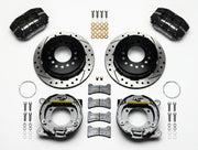 Wilwood AMC Javelin Rear Parking Brake Kit, SRP Rotors, black calipers and drilled/slotted rotor components laid out