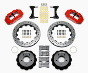 Wilwood Red Superlite RX-7 Front Brakes with SRP Rotors, red calipers and drilled/slotted rotor components laid out