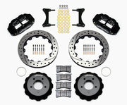 Wilwood Mazda RX-7 Front SRP Brake Kit, 12.88-Inch Rotors, black calipers and drilled/slotted rotor components laid out