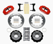 Wilwood Mazda RX-7 Front Brake Kit, Red GT Configuration, red calipers and slotted rotor components laid out