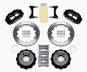 Wilwood RX-7 Front Brakes, Black Six-Piston GT Package, black calipers and slotted rotor components laid out