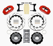Wilwood RX-7 Front Brakes, Red 14-Inch Six-Piston SRP Kit, red calipers and drilled/slotted rotor components laid out