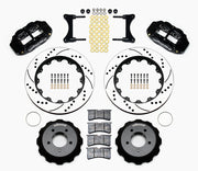 Wilwood RX-7 Front Brake Package, 14-Inch Drilled Rotors, black calipers and drilled/slotted rotor components laid out