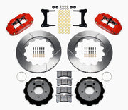 Wilwood Mazda RX-7 Front Brakes, Red Calipers and 14-Inch Rotors, red calipers and slotted rotor components laid out