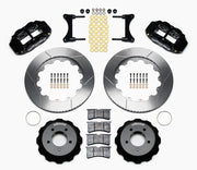 Wilwood Black RX-7 Front Brakes, 14-Inch GT Rotors, black calipers and slotted rotor components laid out