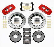 Wilwood Red BMW E46 Front Brakes with 14-Inch SRP Rotors, red calipers and drilled/slotted rotor components laid out