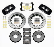 Wilwood Black AERO6 Front Brake Kit for BMW E46, SRP Rotors, black calipers and drilled/slotted rotor components laid out