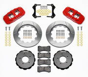 Wilwood Red AERO6 Front Brake Package, E46 GT Rings and BP-20, red calipers and slotted rotor components laid out