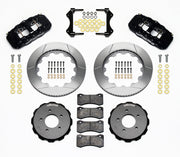 Wilwood BMW E46 Front Brakes, Black AERO6 and GT Rotors, black calipers and slotted rotor components laid out