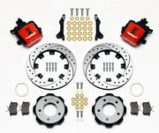 Wilwood Red Civic Si Rear Brakes with SRP Vented Rotors, red calipers and drilled/slotted rotor components laid out