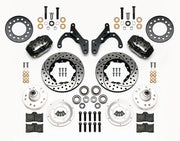 Wilwood Chevy Drum-Spindle Front Brake Kit, 11-Inch SRP Rotors, black calipers and drilled/slotted rotor components laid out