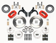 Wilwood Red Chevy Front Brake Kit, 11-Inch Plain Rotors, red calipers and plain rotor components laid out
