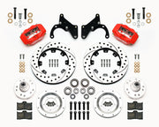 Wilwood Red Full-Size Chevy Front Brakes, Drilled Rotors, red calipers and drilled/slotted rotor components laid out