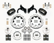 Wilwood Chevy Front Brake Kit, Black Dynalite and SRP, black calipers and drilled/slotted rotor components laid out